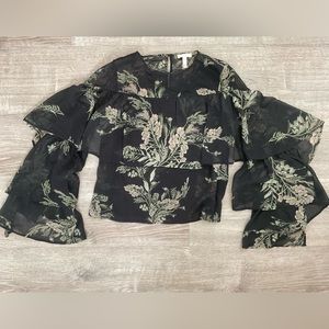 Floral, long sleeve ruffled blouse.